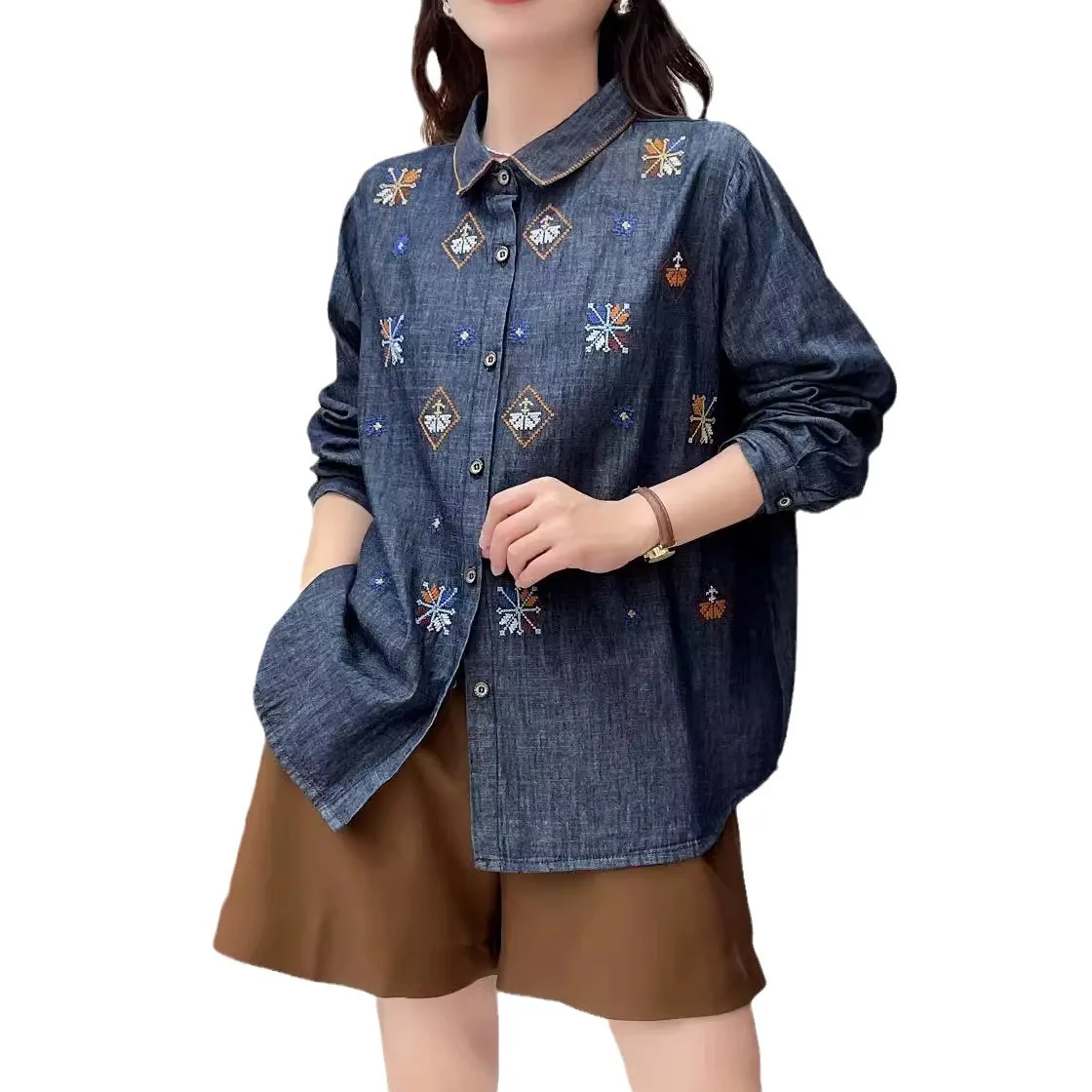 New Summer Embroidered Washed Denim Shirt Woman Lapel Long Sleeve Tops Girl Casual Loose Literature Blouses 2024 Autumn T47603QM