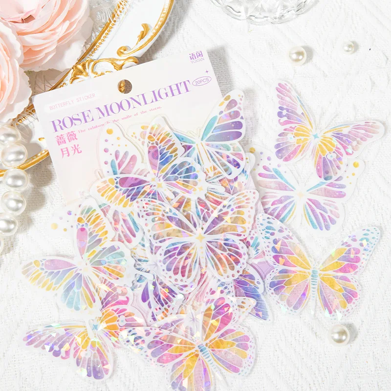 20pcs Butterfly PET Sticker Ins Glitter Shining Butterfly Waterproof Scrapbooking Junk Journal DIY Decorative Collage Sticker