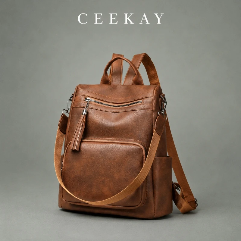 CEEKAY Brown Distressed Leather Convertible Backpack Tassel Zip Puller Front Compartment Urban Utility Roomy Elegant Women