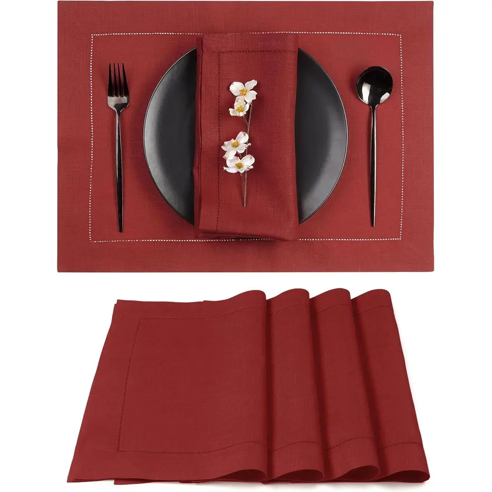 

Set of 4 Hemstitch Linen Placemats, 14x19 Inches, Pure Linen for Seasonal Dining, Washable
