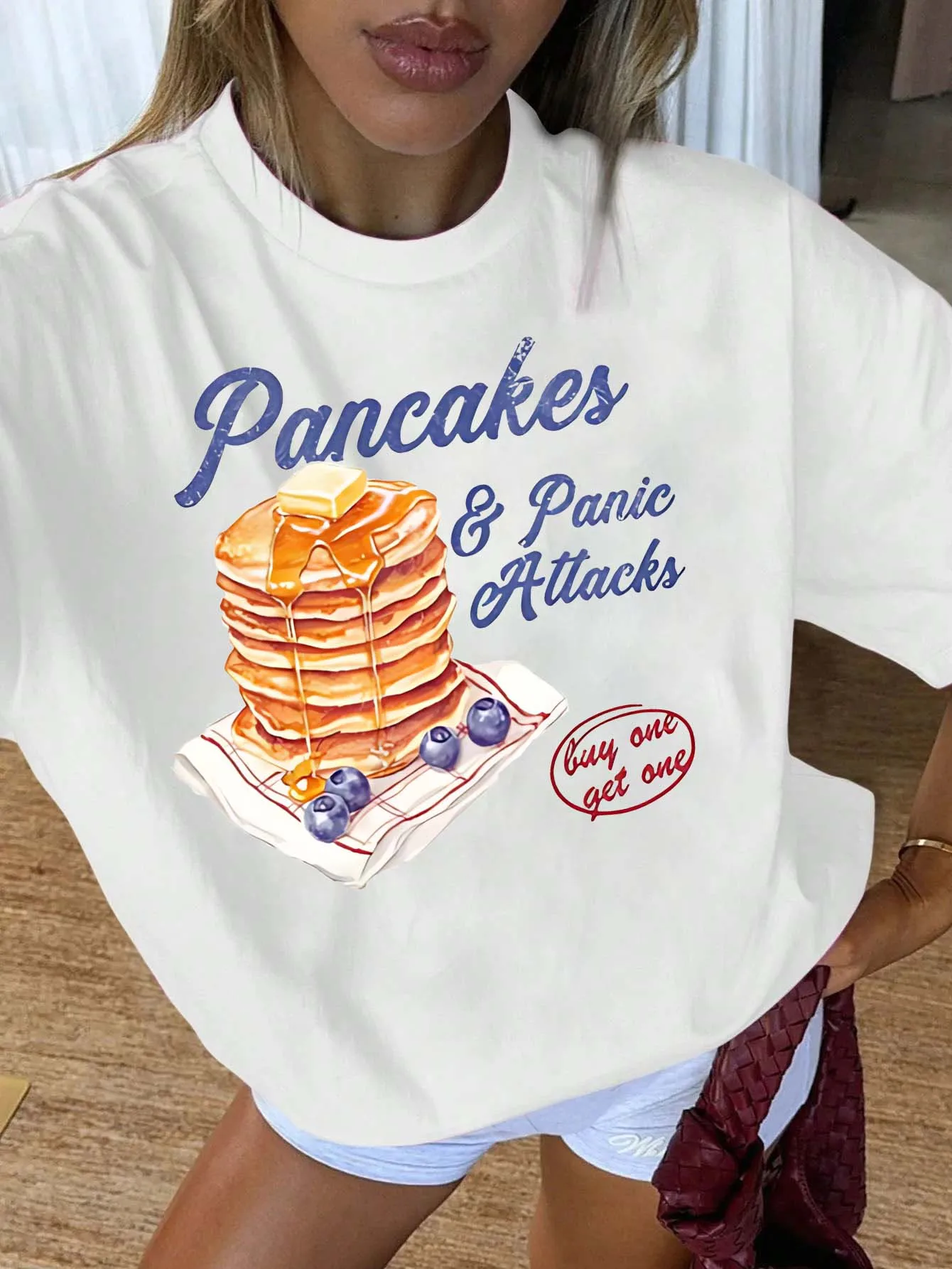 

Plus Size Trendy Pancakes And Panic Attacks Graphic Casual Tee