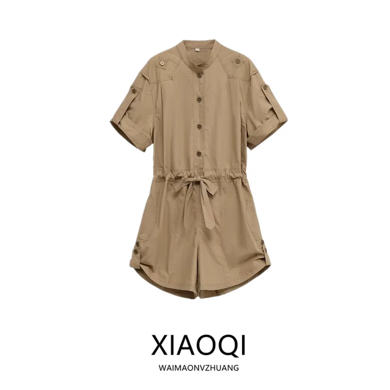 

Summer 2025 Women's Cotton ort-Sve round Ne Rer with Button Decoration ort Length Polyester Fabric All-Match Sle