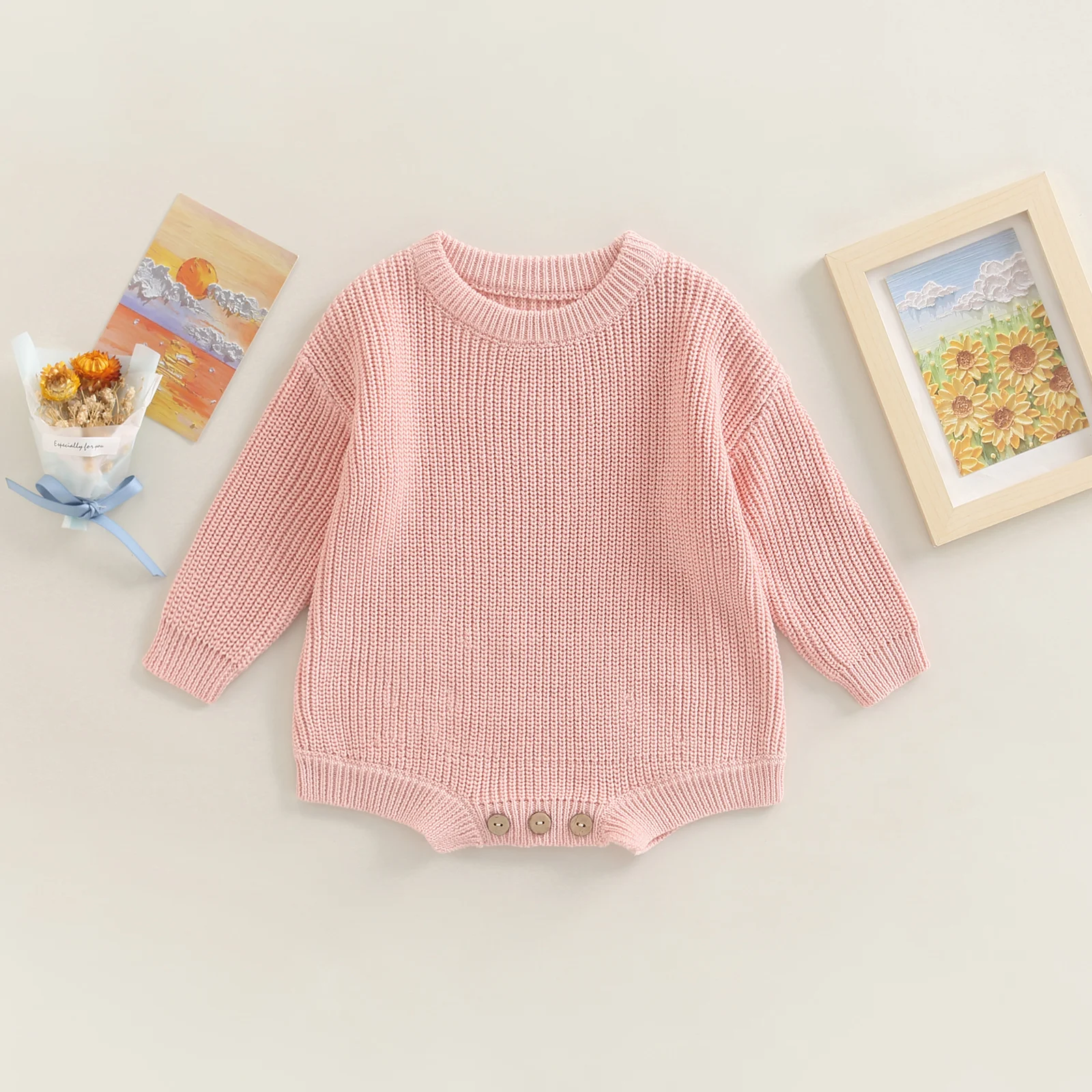 2022-07-28 Lioraitiin 0-24M Newborn Baby Boy Girl Knitting Ribbed Surface Round Neck Long Sleeve Solid Crotch Button Bodysuit