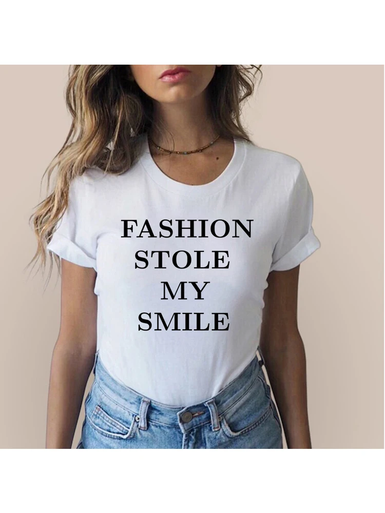 FASHION STOLE MY SMILE Letters Print Women Summer Short Sleeve T Shirt Funny Quote Hipster Tshirts for Lady Casual Top Tee