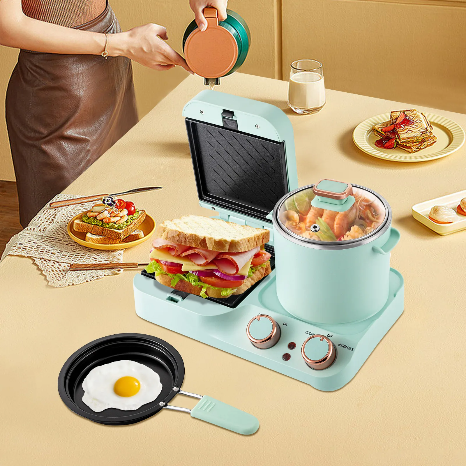 3 in 1 Breakfast Station Electric Mini Toaster Bread Breakfast Sandwich Maker Breakfast Machine with Frying Pan, Boiling Pot