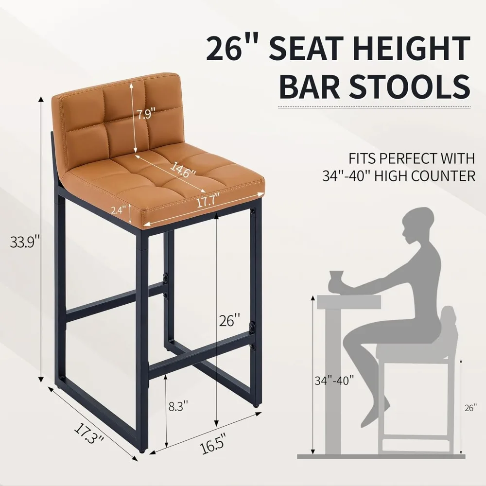 Bar Height Stools Set of 4, PU Leather Barstools Modern Counter Stools with Back and Thickened Metal Legs, Bar Chairs