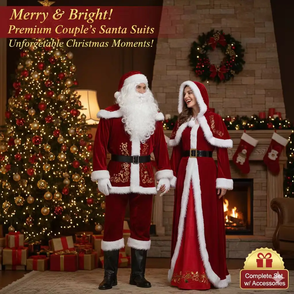 

Couples Santa Claus Costume Set Red Velvet Plus Size Christmas Cosplay Outfit with Faux Fur Trim for Party Stage Show or Holiday