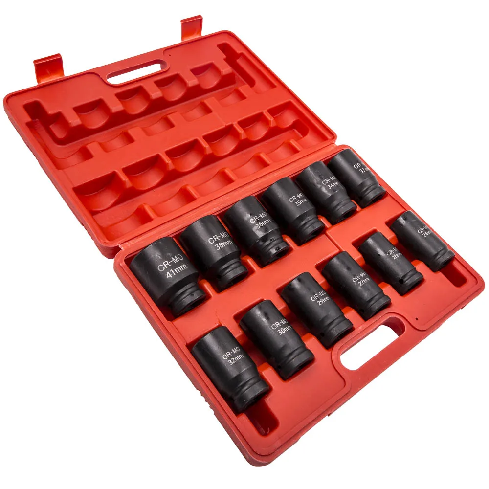 12pc 3/4 Inch Deep Impact Sockets Set Drive 6 point 24mm to 41mm 27mm 33mm 35mm Damaged Screw Extractor Drill Bit Set