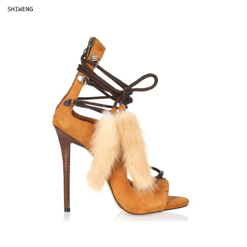 

2025 Open-toe Strappy Fur Sandals Women Vintage Color-block Suede Print High Heels Shoes Ladies Fashion Catwalk Party Sandals
