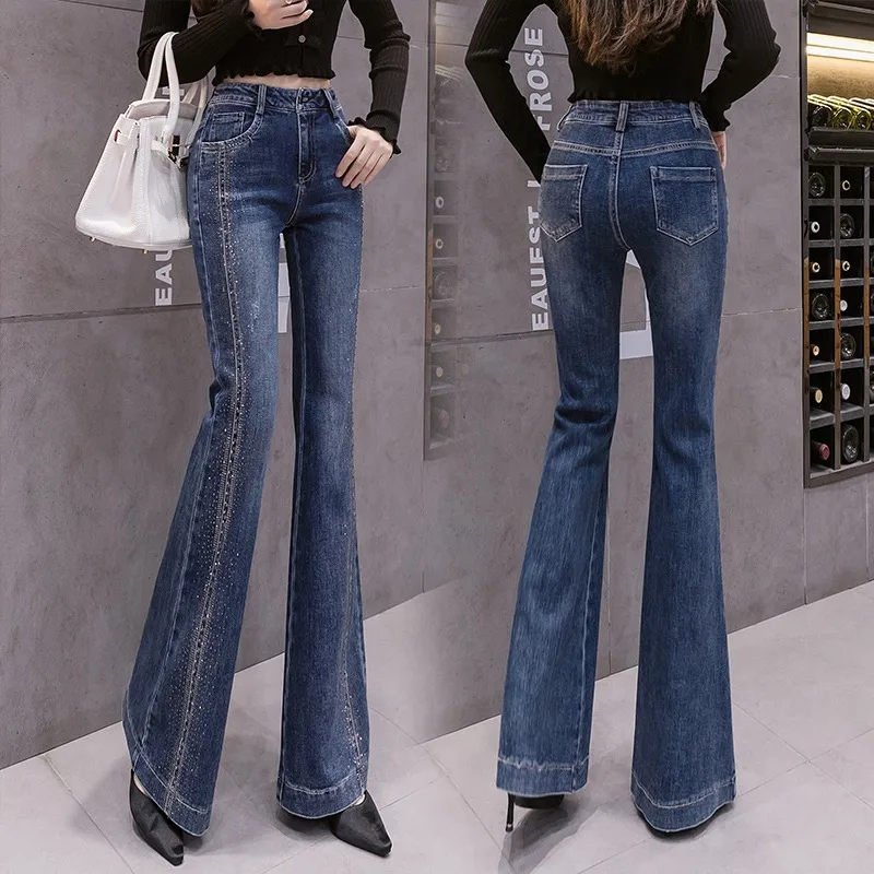 

rhinestone Casual Bell Bottom Pants Jeans for Women 2022 Blue Fashion Y2K Trousers Autumn New High Waisted Flare Jeans