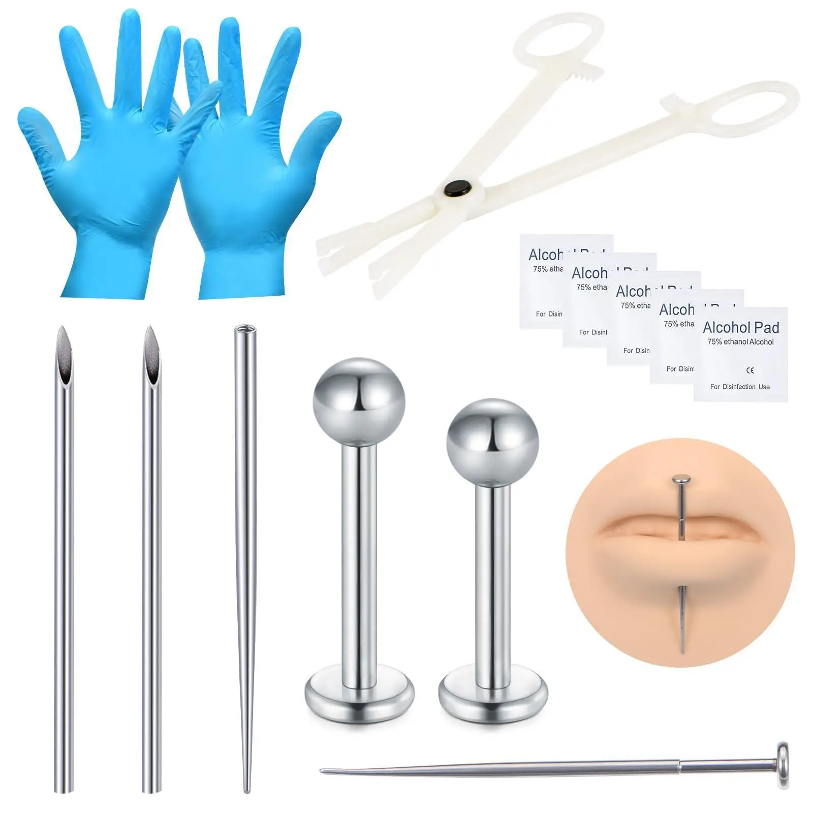 Piercing Kit With Disposable 12G 14G 16G 18G Needles Clamps Taper for Belly Button Nose Septum Nipple Tongue Eyebrow Lip