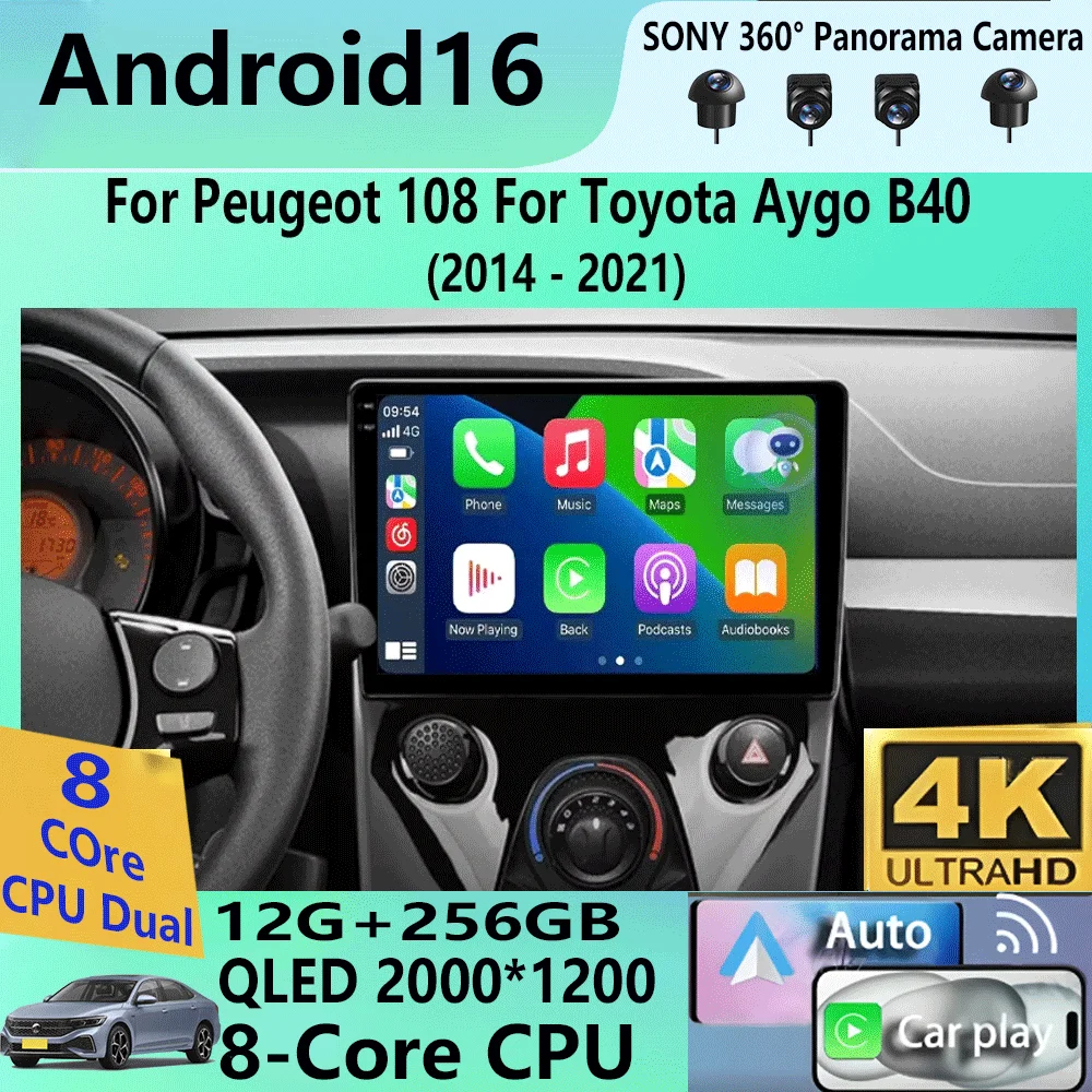 Android 16 Car Radio For Peugeot 108 For Toyota Aygo B40 2014-2021 Multimedia Video Player Navigation Stereo GPS 2din 2 Din DSP