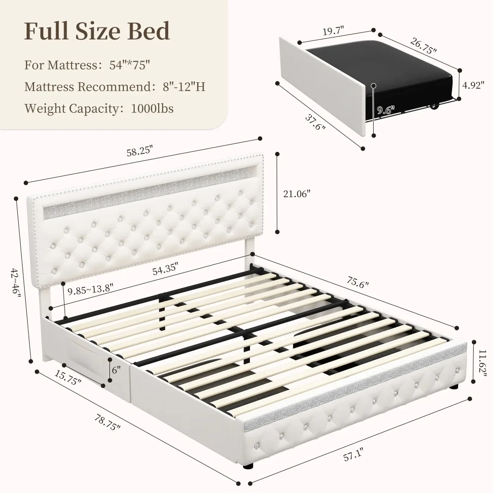 Full LED Bed Frame with Adjustable Headboard, Storage Drawers & Side Pockets, Velvet Cream bed