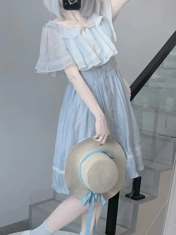 

Japane Antique Blue Short Dress Women'S 2026 Summer New Cape Dress