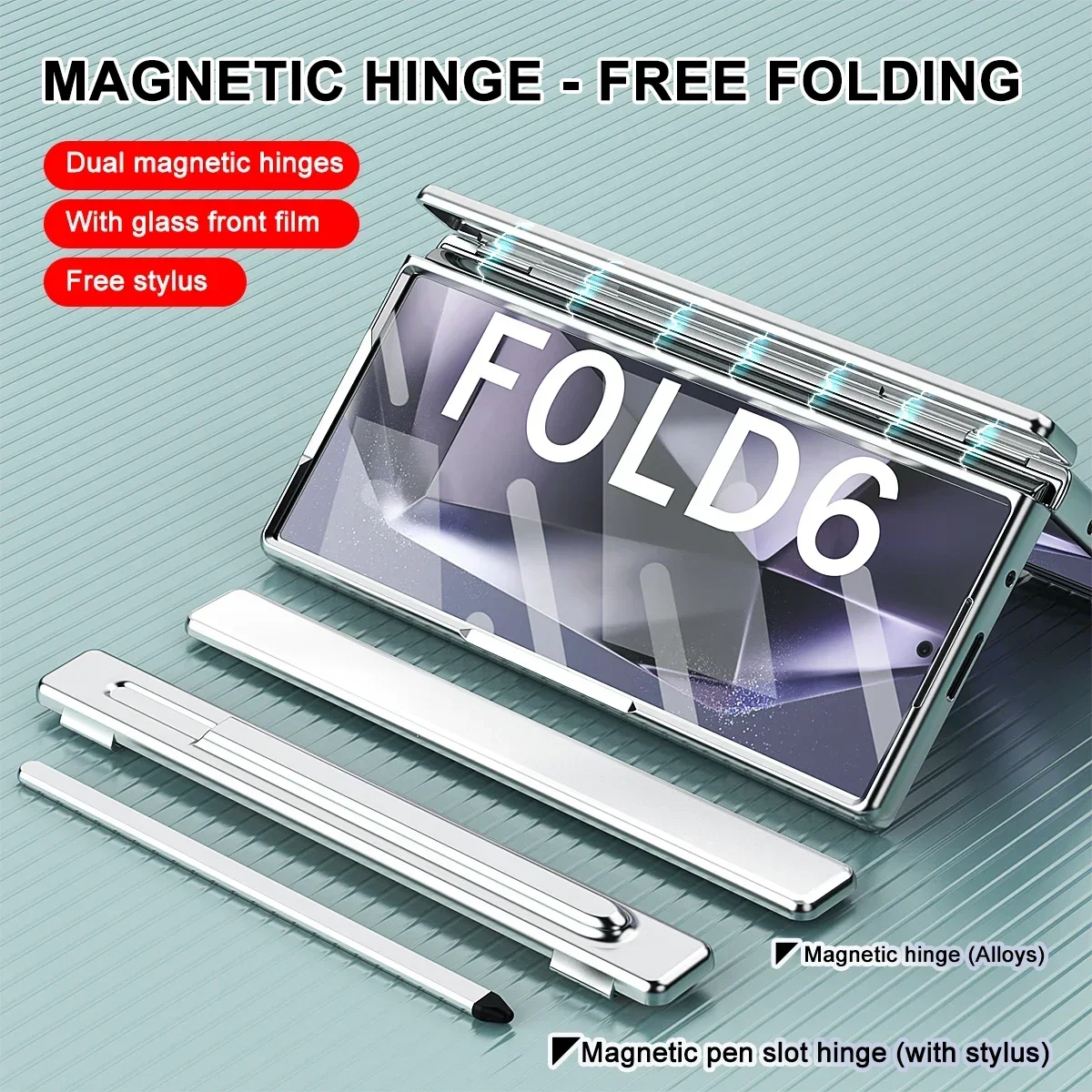 Aluminum Alloy + PC Plastic Cover for Samsung Galaxy Z Fold 6 Case 2 PCS Hinge Pen Slot Front Glass Stand Funda with Touch Pen