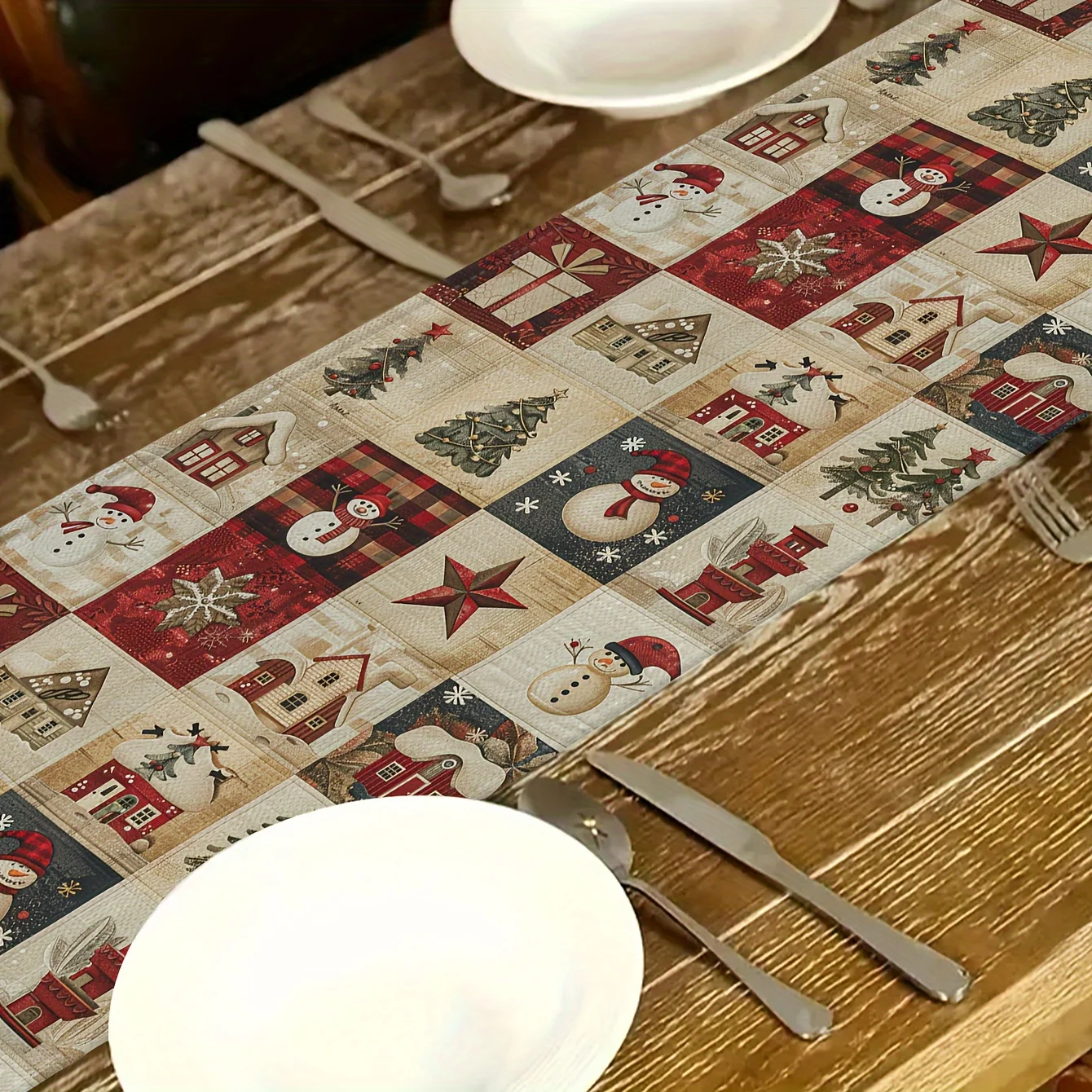ผ้าปูโต๊ะคริสต์มาสวินเทจ 1 ชิ้น - ลายมนุษย์หิมะ ซานตาคลอส และกวางเรนเดียร์ สำหรับตกแต่งบ้านในฤดูหนาว เครื่องประดับคริสต์มาส