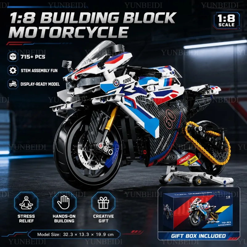 1:8 Motorcycle Building Blocks Model Set 715PCS+ Motorcycle Assembly Educational Toy Adults Collection Christmas Children's Gift