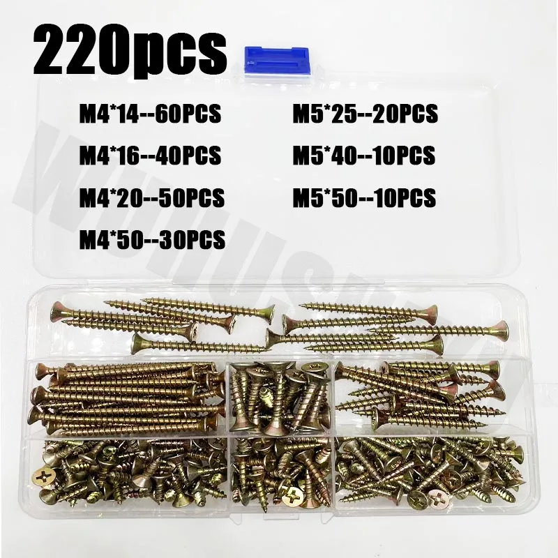 

320/220pcs M3.5, M4, M5 Flat Head Wood Screws Set, Yellow Zinc Plated, Self-Tapping, Countersunk, Full Thread, for Drywall