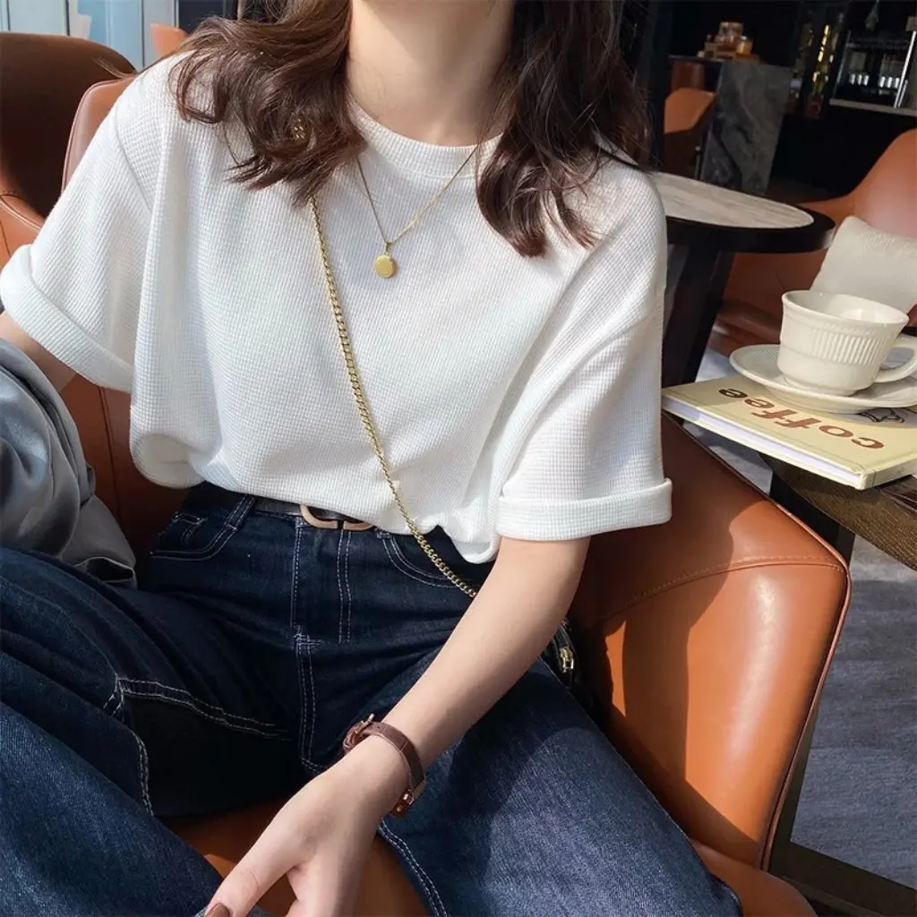 Women's Solid Color Half-Sleeve T-shirt Summer Loose Slimming All-match Top for Girls Wafflough