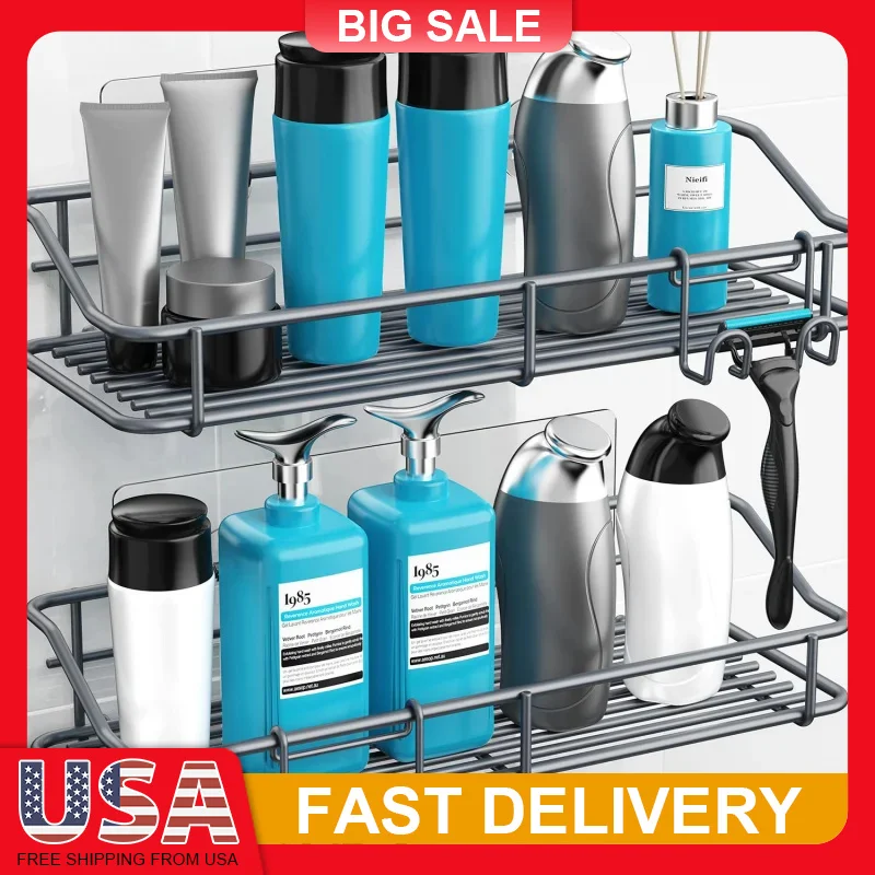 

2 Pack Stainless Steel Shower Caddy Adhesive Shelf No Drill Rustproof with Hooks Bathroom Storage Organizer 304 SUS Wall Mounted