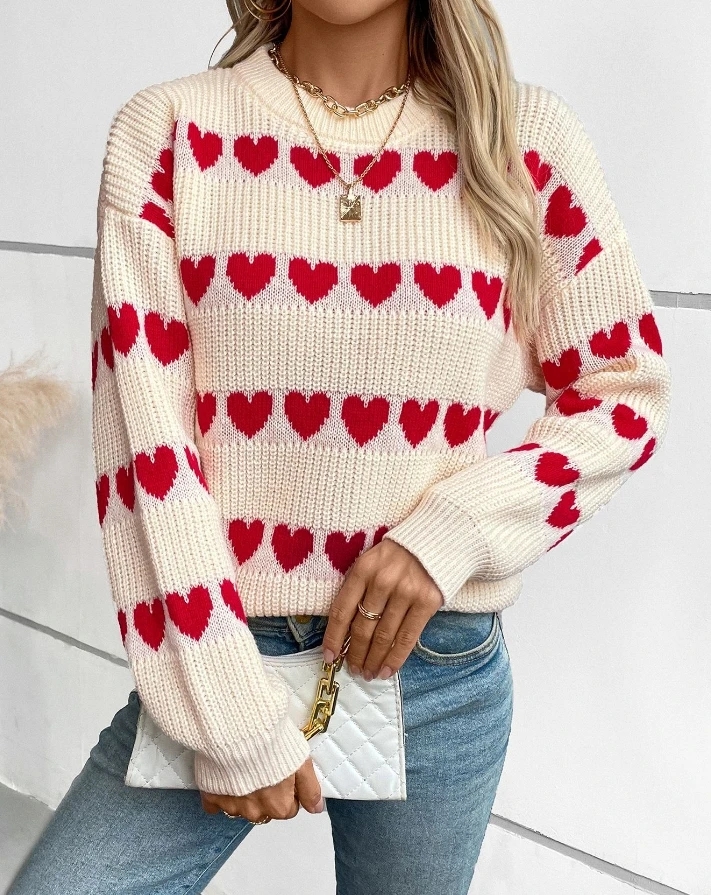 

Women's Sweet Top 2024 Autumn Winter Latest Heart Pullover Sweater Fashionable Versatile Loose Fit Long Sleeves Knit Sweater