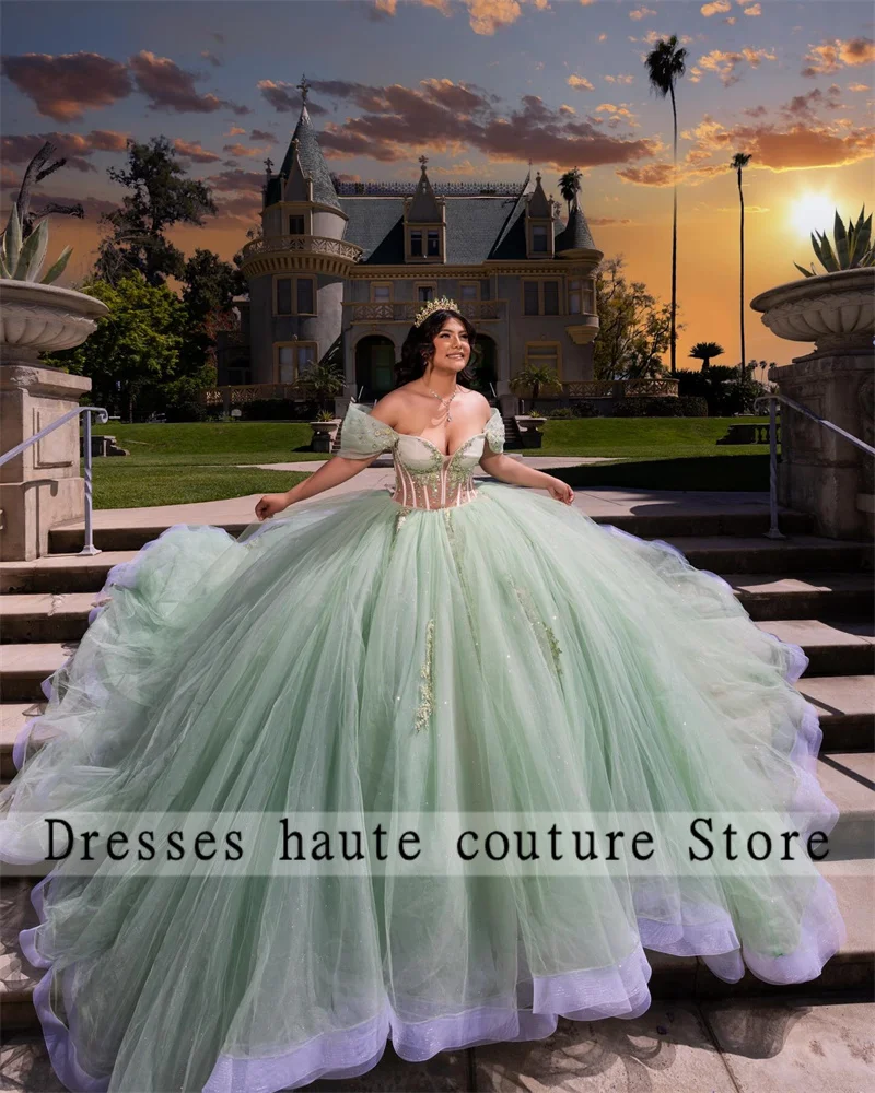 Vestido de baile de princesa de tul verde, traje de quinceañera, Apliques de encaje con cuentas, vestido dulce 16, vestidos de fiesta de cumpleaños, recién llegados, 2024