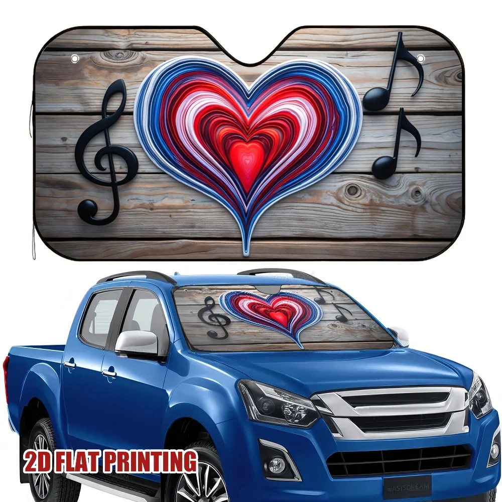 1pc 2D Flat Printed Multifunctional Sunshade For Cars, Designed In A Heart Shape With A Music Theme. Made Of 100% Polyester, It'