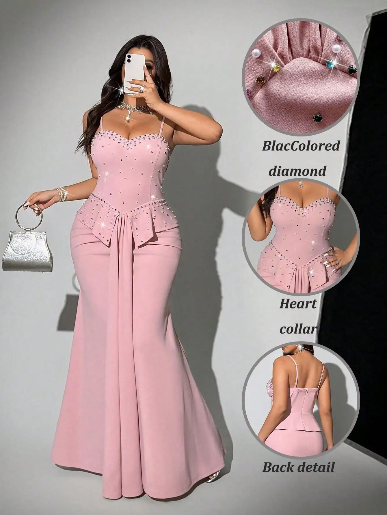 

Pink Elegant Mermaid Dress with Crystal Embellishments, Heart Neckline, Back Zip