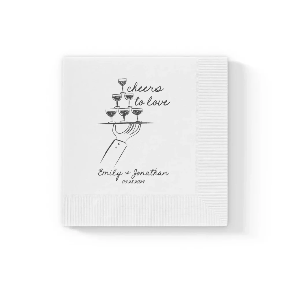 50 individuelle Hochzeitsservietten, „Cheers to Love“-Cocktailservietten, Probe-Dinner-Servietten, handgezeichnete Servietten, Verlobungsfeier-Servietten