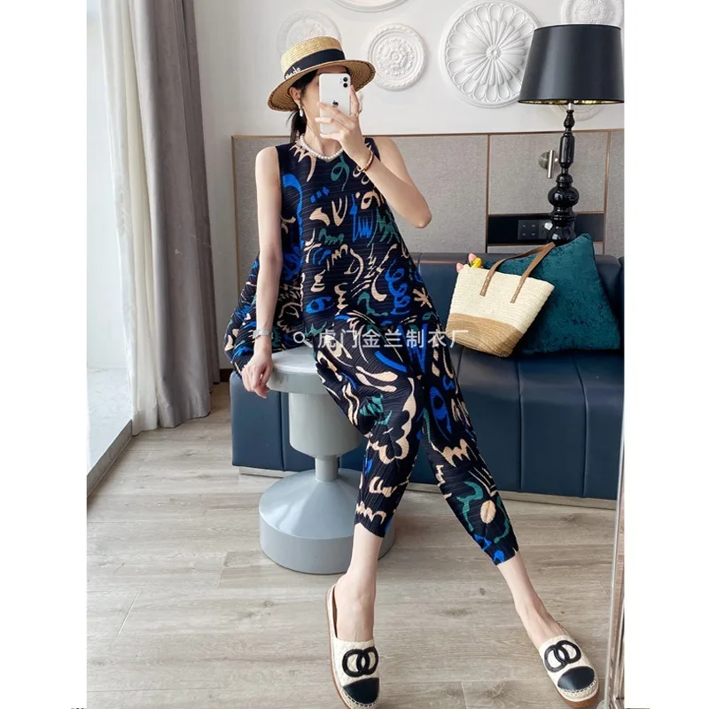 Yudx-ノースリーブのベストとハーレムパンツのセット,女性用のプリントセット,魅力的なプリーツファッション,2ピース,夏,新しい,2024