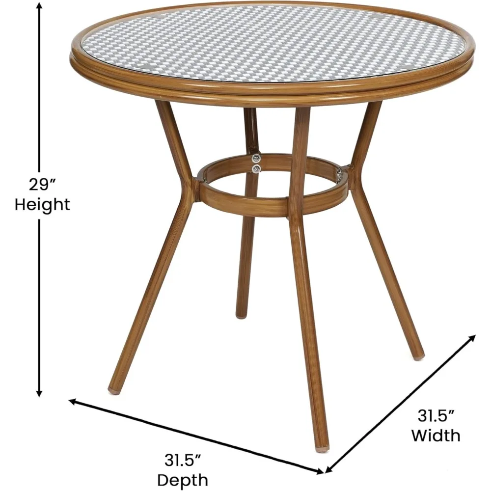 Lourdes-Table de bistrot française commerciale intérieure et extérieure, dessus en verre PE, aluminium imprimé bambou, rond de 31.5 po, rotin bleu marine et blanc