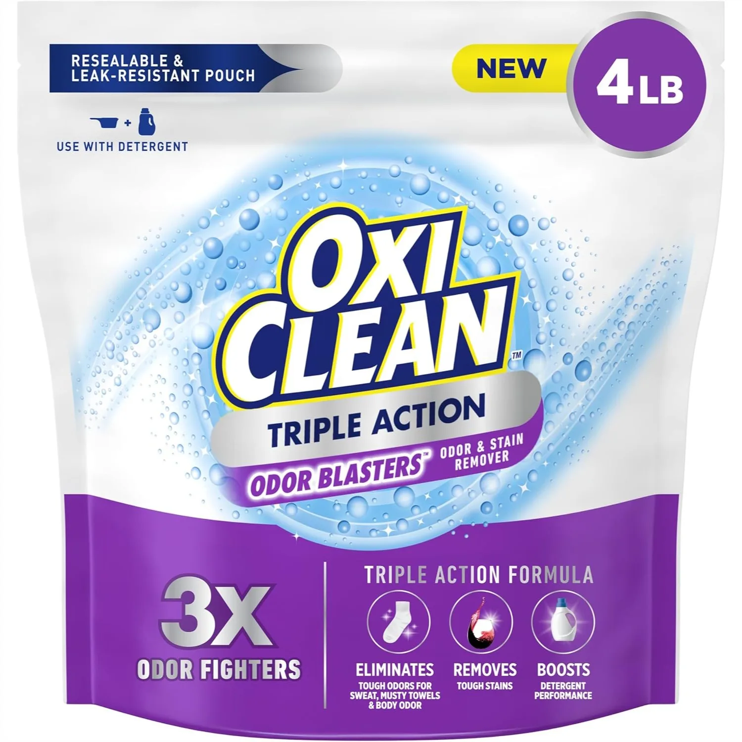 

OxiClean Triple Action Odor and Stain Remover Powder, 4 lbs, Boosts Detergent Performance, Color Safe, Chlorine Free