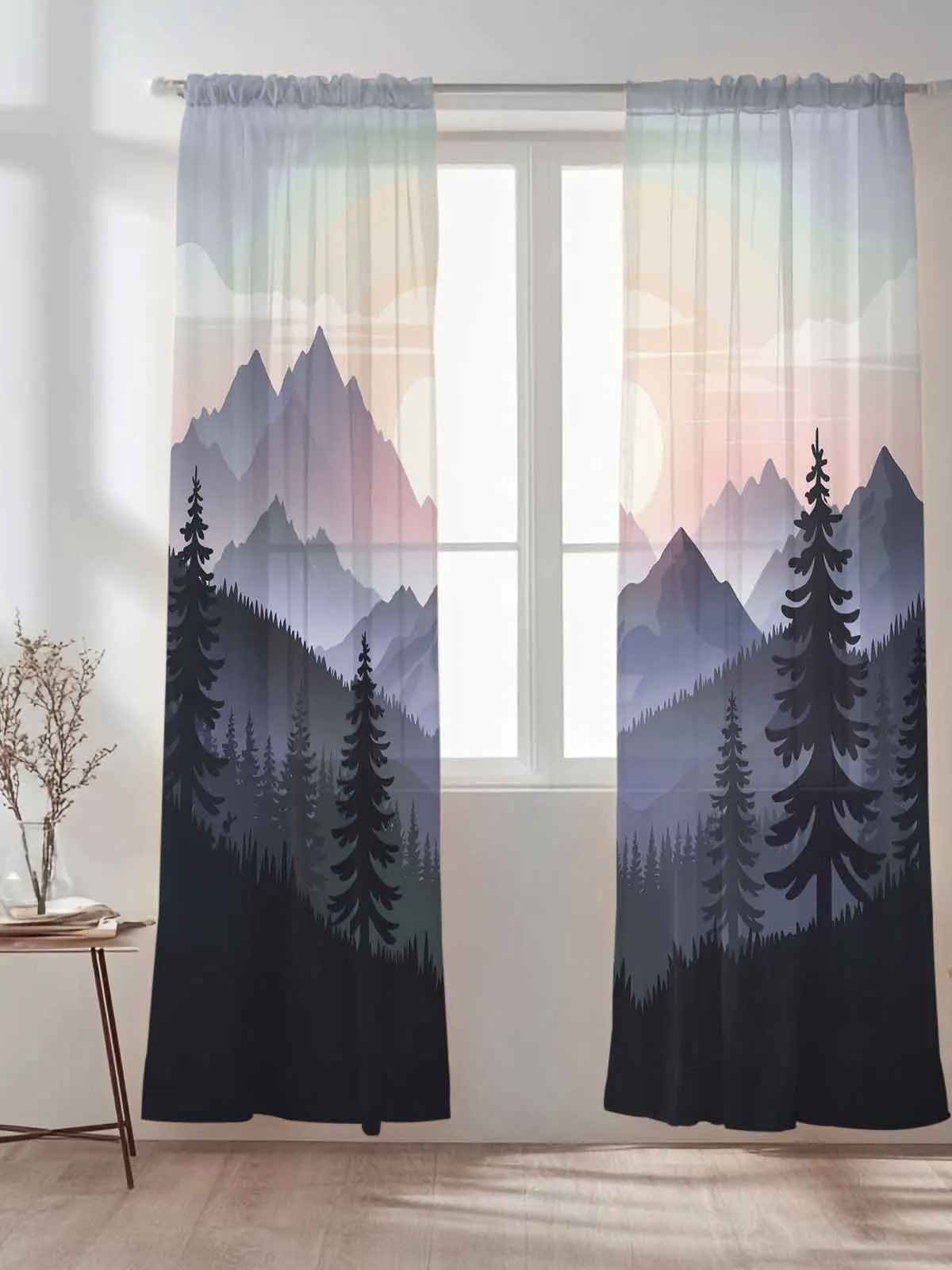 

Mountain Forest Sunrise Landscape Tulle Sheer Curtains for Living Room Bedroom Kitchen Decoration Voile Organza Curtains