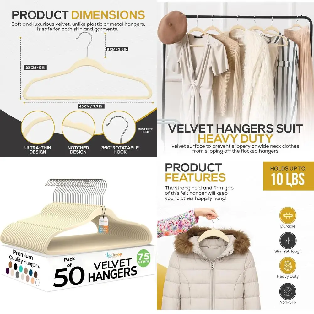 

Ivory Velvet Hangers - 50 Pack, Ultra Thin, Non-Slip, Space-Saving, Heavy-Duty for Adults, 360° Swivel Hook, Holds Up to 10 lbs