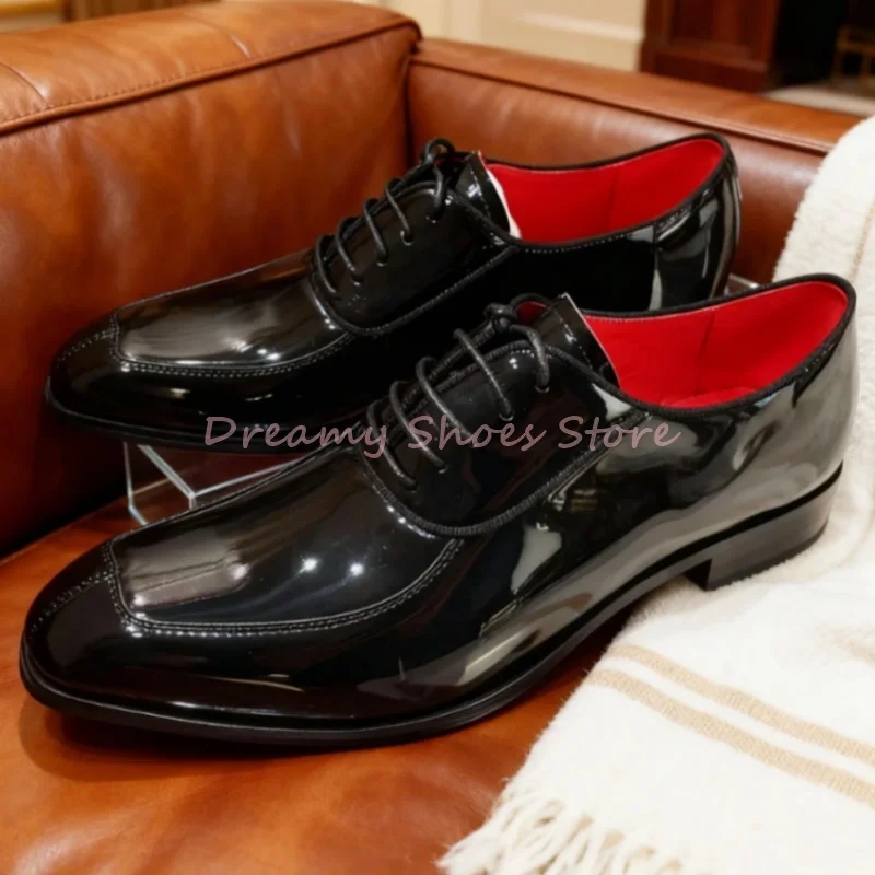 

Black Square Toe Patent Leather Lace Up Oxford Shoes Men Luxury Shallow Cross-Tied Loafers Party Dress Wedding Casual Shoes New