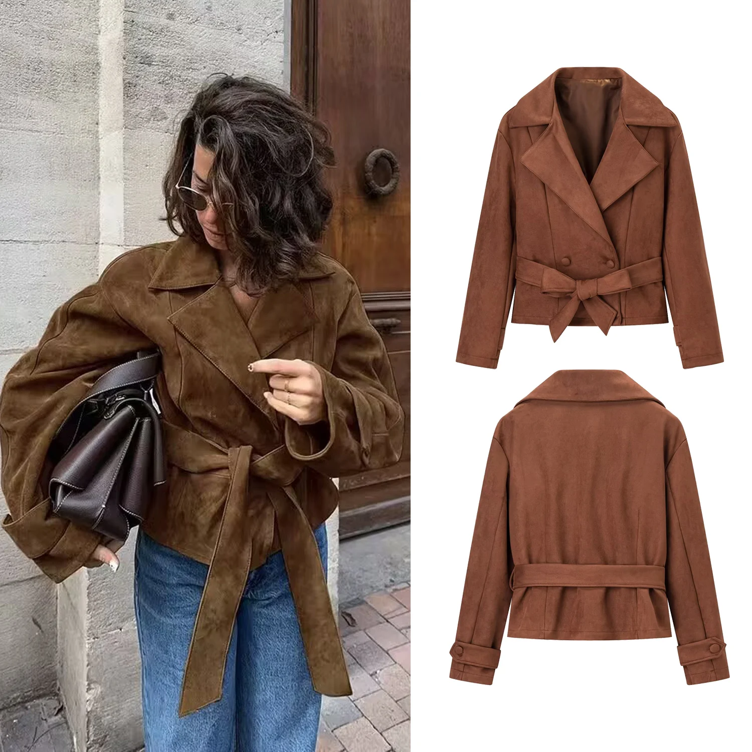 

Женская коричневая короткая замшевая куртка на шнуровке в стиле ретро, элегантная женская тонкая куртка с лацканами и длинными рукавами, осенняя шикарная женская уличная одежда, верхняя одежда