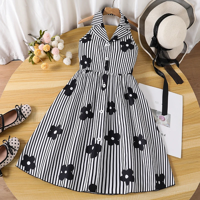 Summer Halter Sundress for Girls 8-12 Years, Vertical Stripe Black Flower Print Girls Casual Dress for Daily Outing