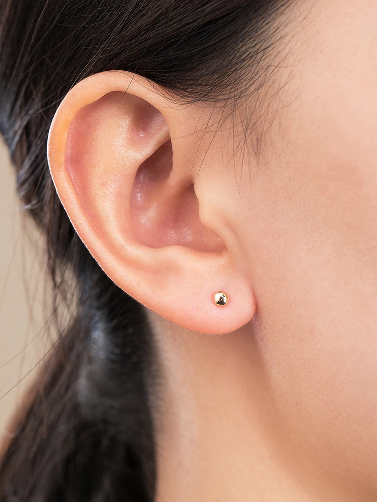 14K Gold Mini Hemisphere หู Studs หญิง Au585หูเจาะง่ายป้องกันโรคภูมิแพ้หู-อุปกรณ์เสริมสวมใส่ทุกวัน