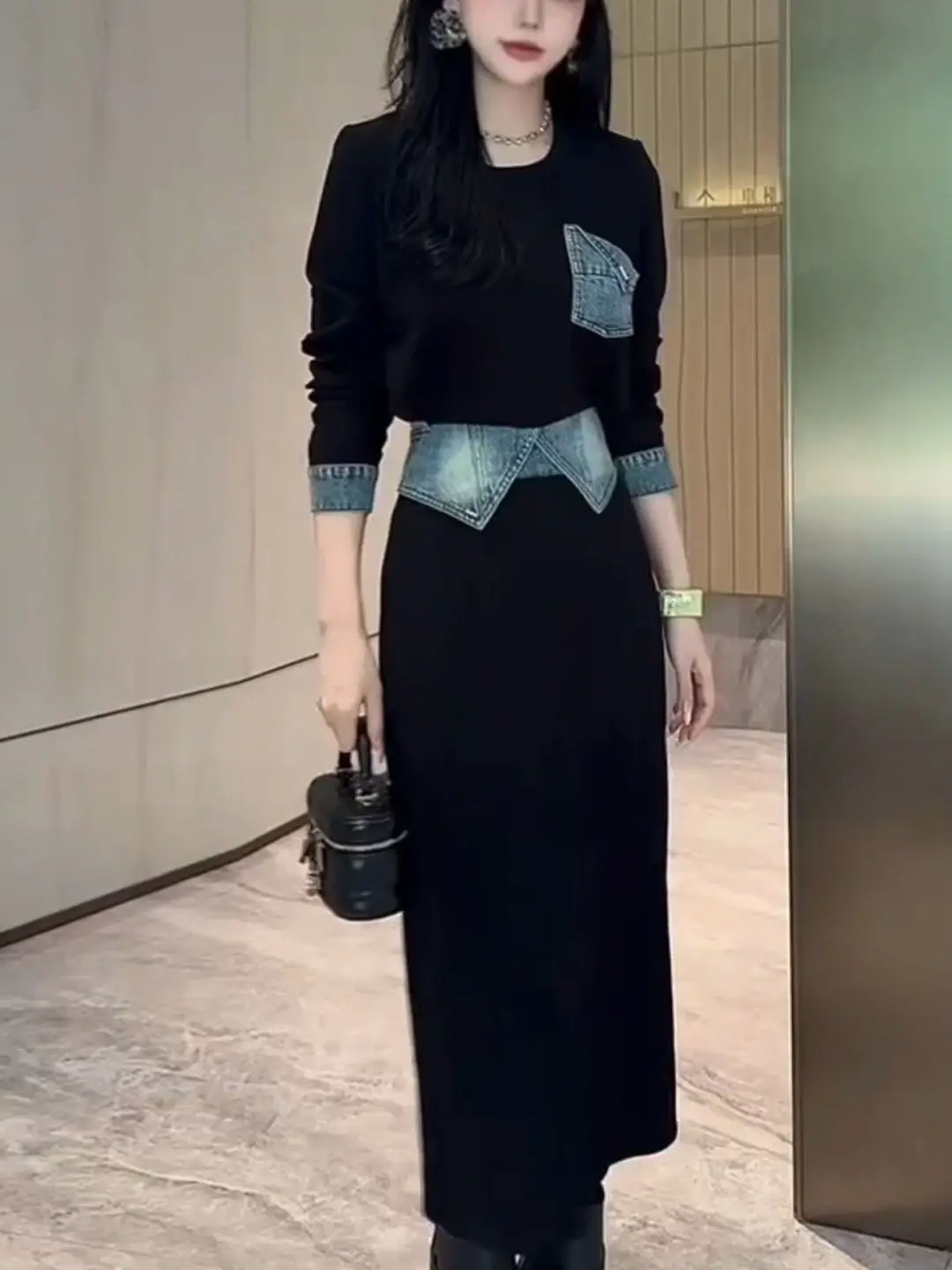 plus Size Women's Unique Design Sense Asymmetrical Splicing Denim Top High Waist  Skirt Two-Piece Set Autumn Fashion