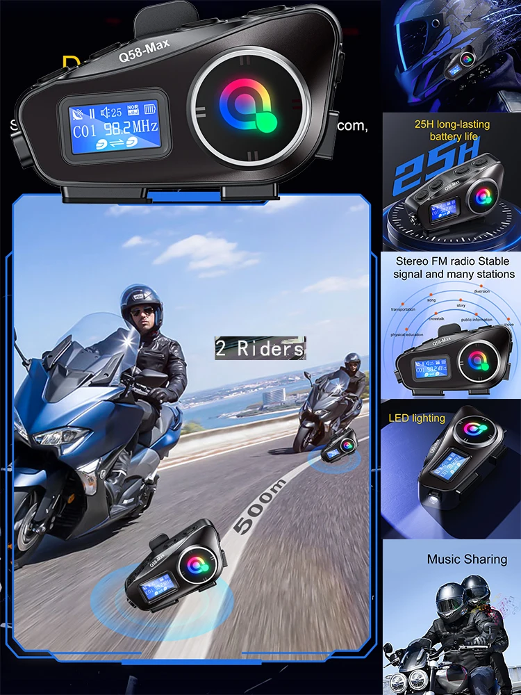 Q58-MAX Motorcycle Helmet Intercom Bluetooth Headset LED Lighting Dual 500M IP65 Rateddeep Waterproof Stereo FM Radio Interphone