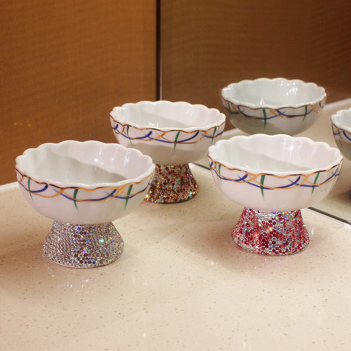 Creative High Foot Ceramic Dim Sum Plate Bling Diamond Dessert Plate Sushi condiments bowl Ice Cream Cup Snacks Cup Tableware