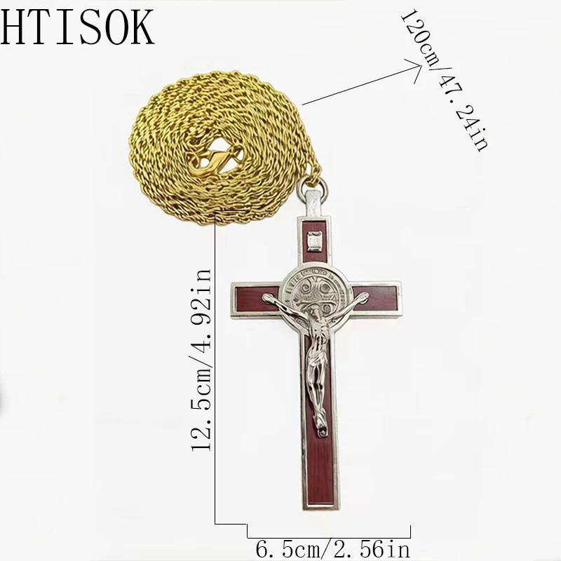 Silver Plated St. Benedict Crucifix Cross Pendant Red Enamel Braided Rope Catholic Religious Jewelry for Men Women Faith Gift