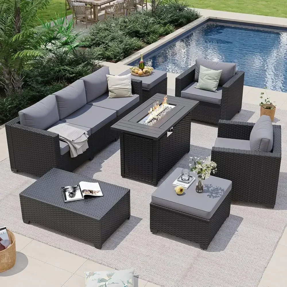 7-Piece Outdoor Patio Furniture Set with Fire Pit, Wicker Ottomans, and Waterproof Cover