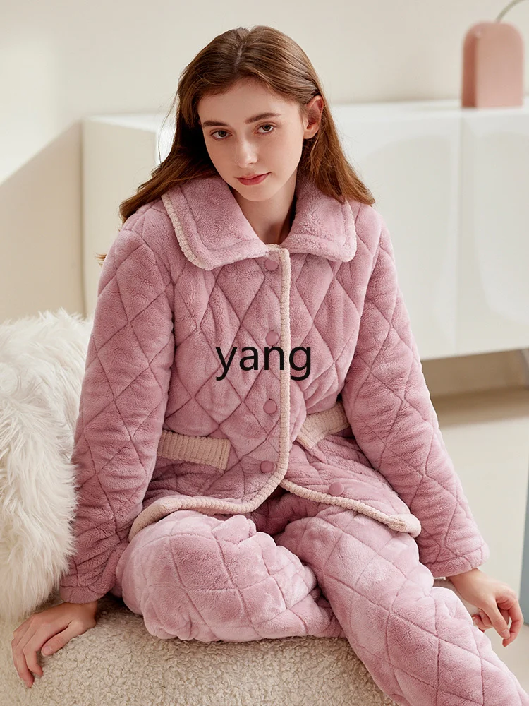 LMM women's winter three-layer thickened velvet padded jacket winter coral fleece loungewear set