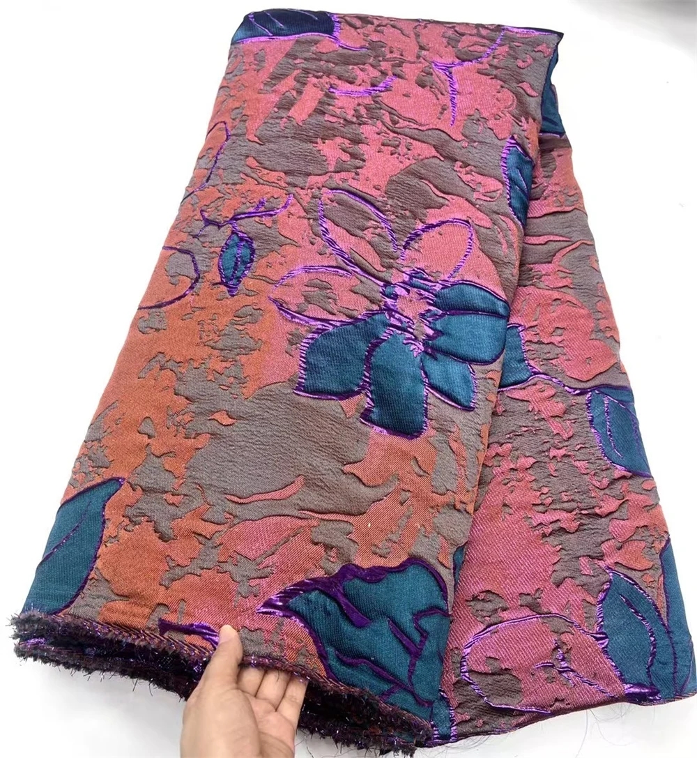 Ultimo tessuto di pizzo broccato africano tessuto di pizzo jacquard dorato tessuti di organza cucito per abiti da festa da sera da donna, 5 metri