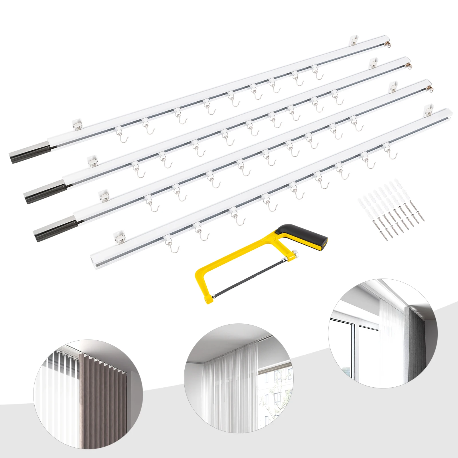 

Scalable Ceiling Mount Curtain Track Kit with Hooks, Small Size for Space 9ft-12ft Wide, suitable for the Living Room, Bedroom