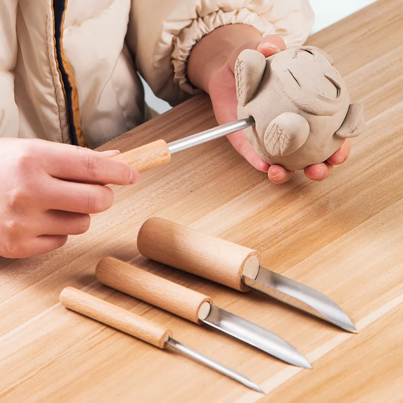 Pottery Tool Puncher 4 Pieces/set Stainless Steel Head Wooden Handle Semicircle/circle Turn Hole Punching Chisel Grooving Tool view 6