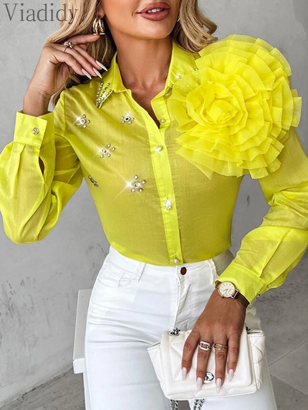 Women Sexy Solid Color Floral Detail Rhinestone Turn-down Collar Blouse