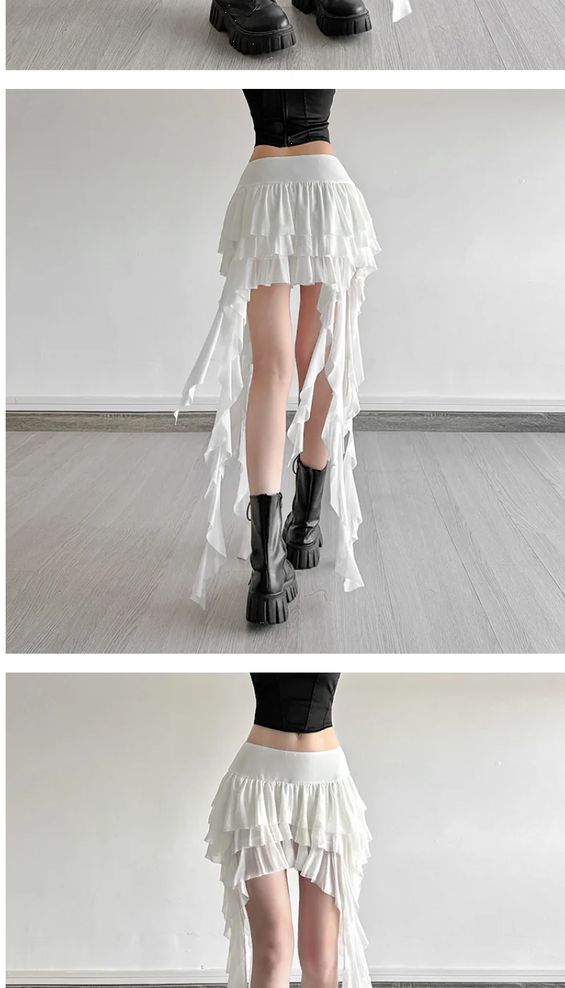 Aoaiiys White Skirts Women Irregular Ruffled Lace Mini Skirt Fashion French High Waisted A-Line Skirts Summer New Female Skirts