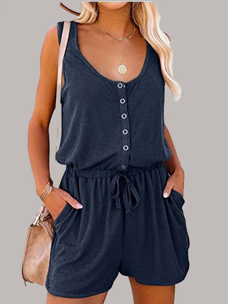 Casual Jumpsuit Women Button Up Sleeveless Elastic Waist Shorts Jumpsuit Summer Solid Color Simple Clothes